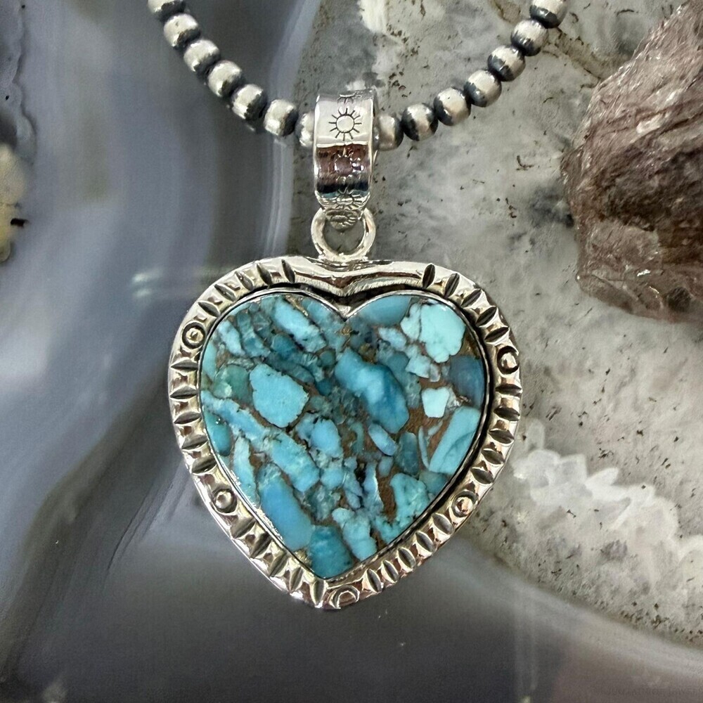 Sterling Southwestern Style Blue Turquoise Dahlia Heart Pendant For Women